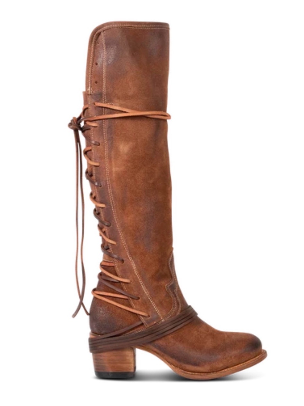 freebird Tall Lace-Up Suede Knee Boots in Cognac Brown